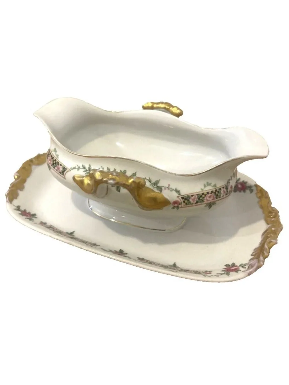 J Pouyat Limoges France Gold Gilt & Flowers Porcelain Gravy Boat Attached Plate